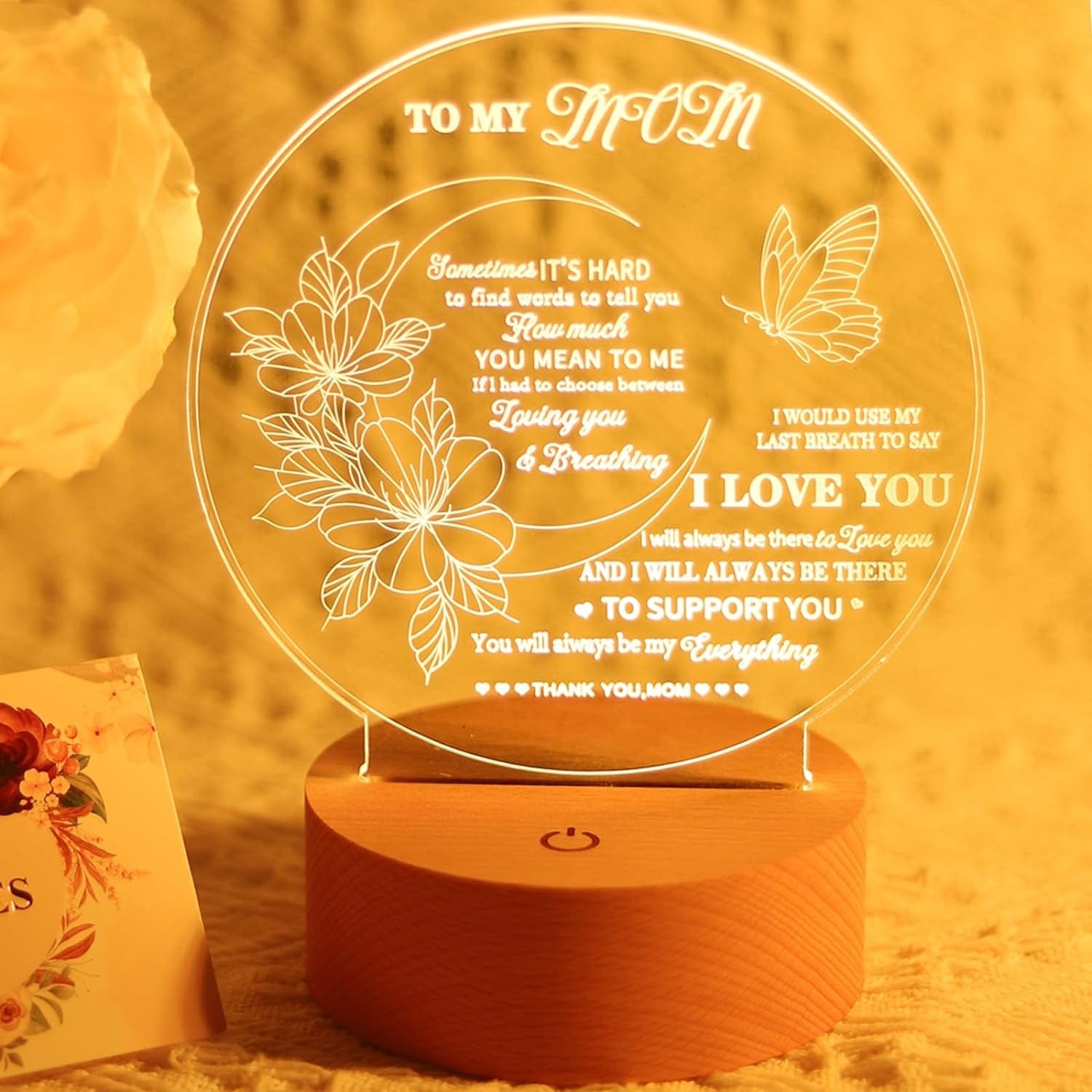 3D Acrylic Night Lamp with Wooden Base and Greeting Card,3 Colors Touch Control (To My Mom)