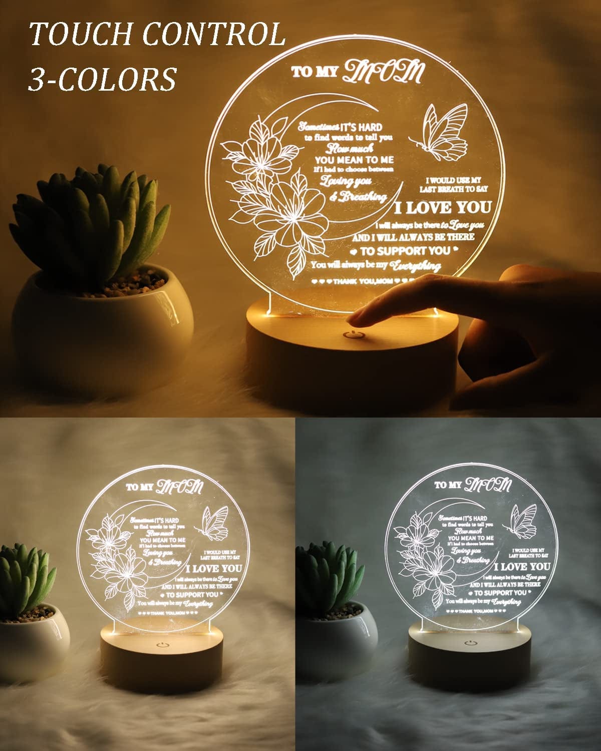 3D Acrylic Night Lamp with Wooden Base and Greeting Card,3 Colors Touch Control (To My Mom)