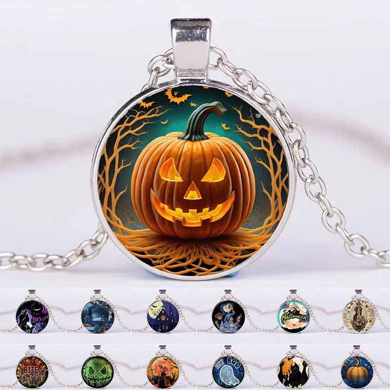 Unique Halloween Jewelry: Round Pendant Necklace with Pumpkin, Ghost, and Bat