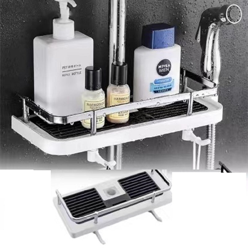 Punch-Free Shower Rod Shelf - Bathroom Storage Solution for Toiletries & Hanging Baskets