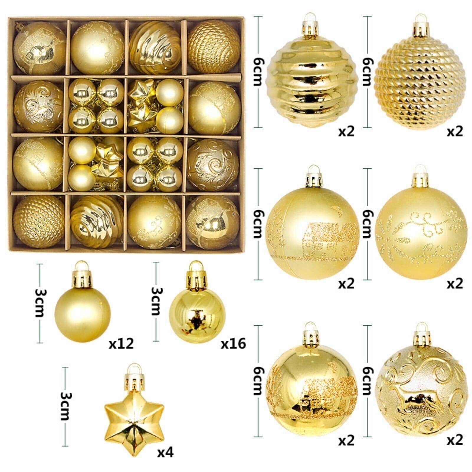 Gold 44Pcs Christmas Glitter Balls Ornaments Xmas Tree Baubles Hanging Party Decor US
