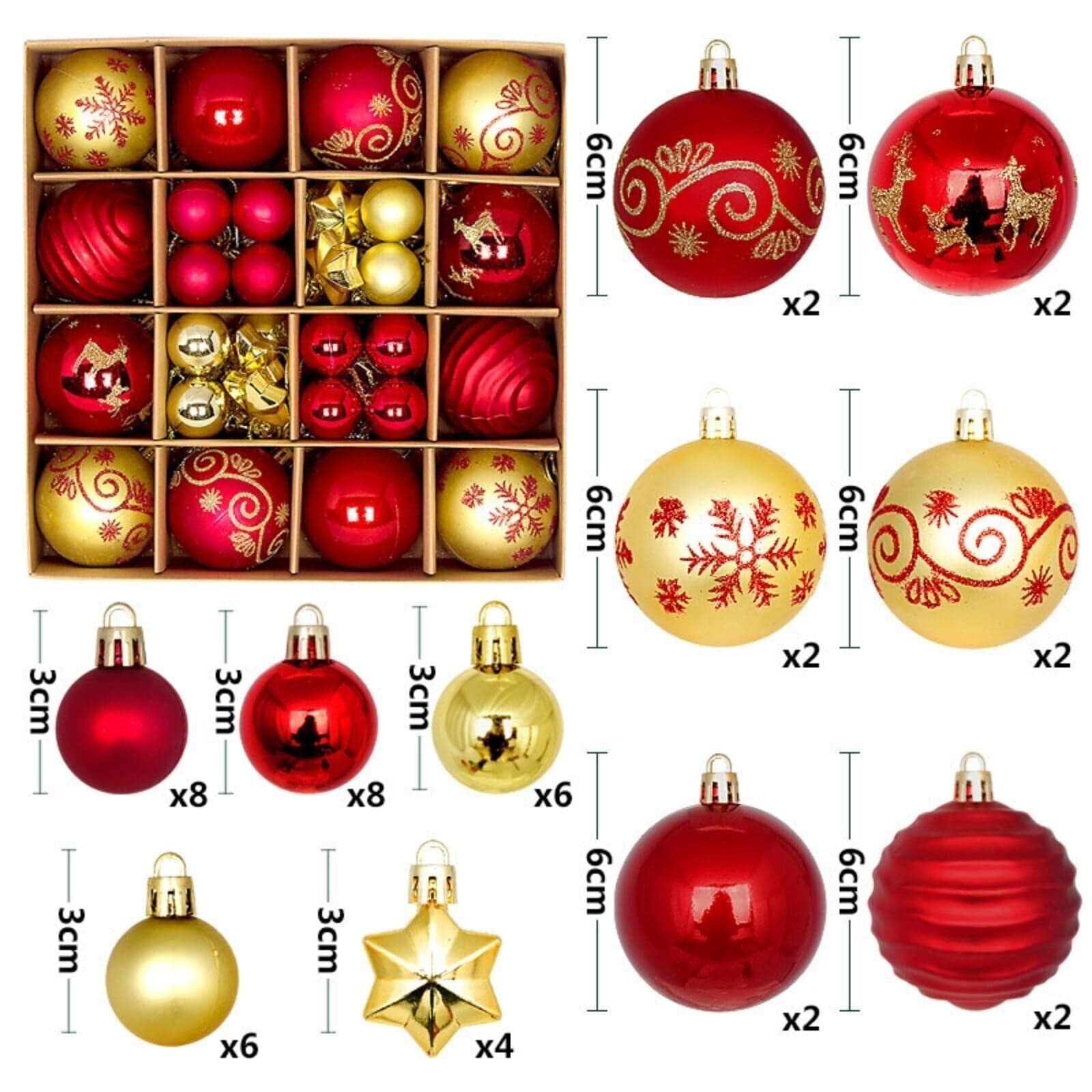Red+Gold 44Pcs Christmas Glitter Balls Ornaments Xmas Tree Baubles Hanging Party Decor US