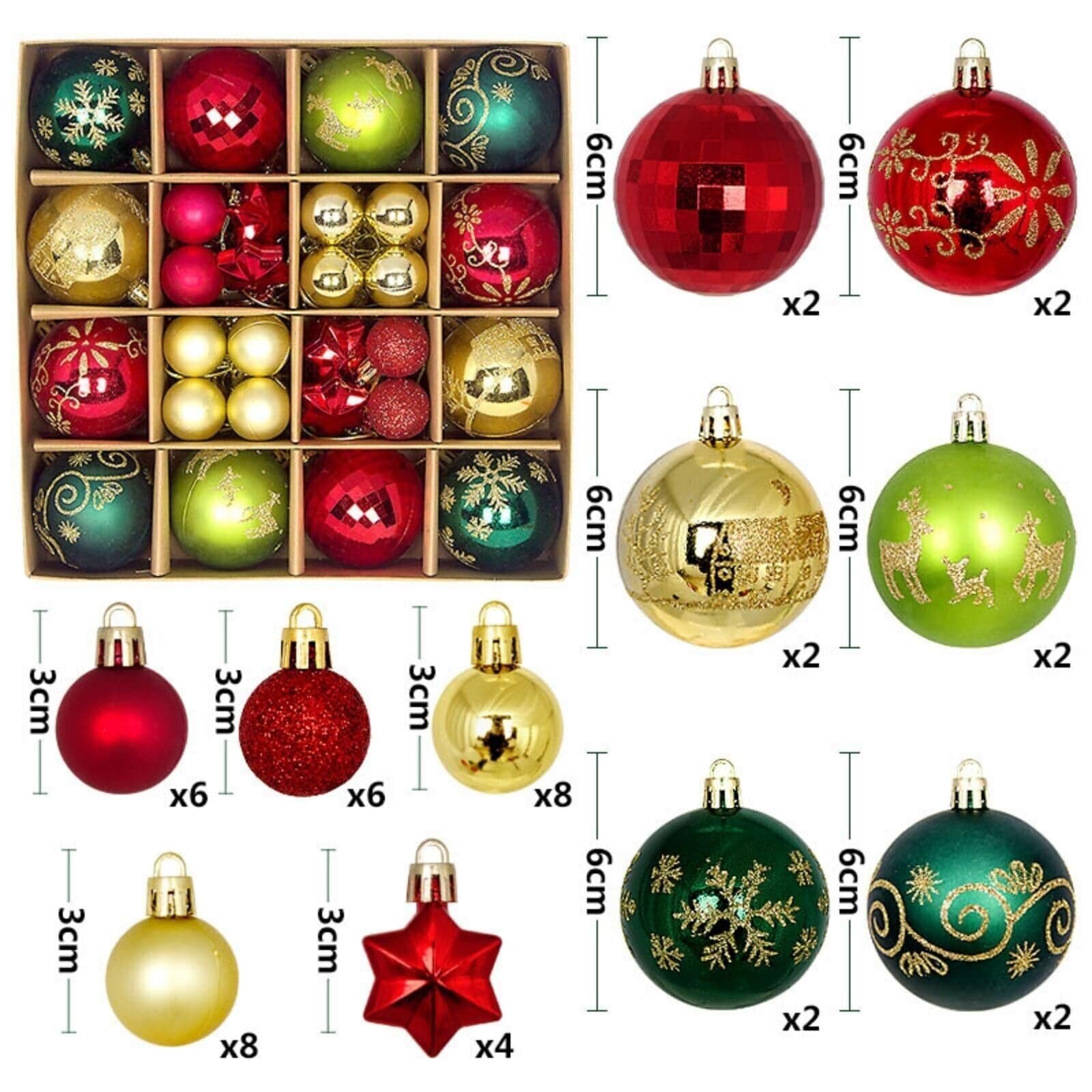 Red+Gold+Green 44Pcs Christmas Glitter Balls Ornaments Xmas Tree Baubles Hanging Party Decor US