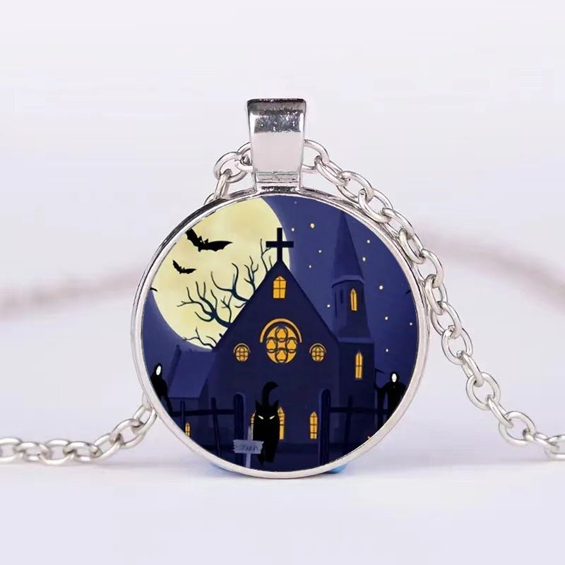 Unique Halloween Jewelry: Round Pendant Necklace with Pumpkin, Ghost, and Bat