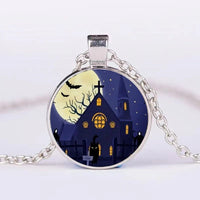 Unique Halloween Jewelry: Round Pendant Necklace with Pumpkin, Ghost, and Bat