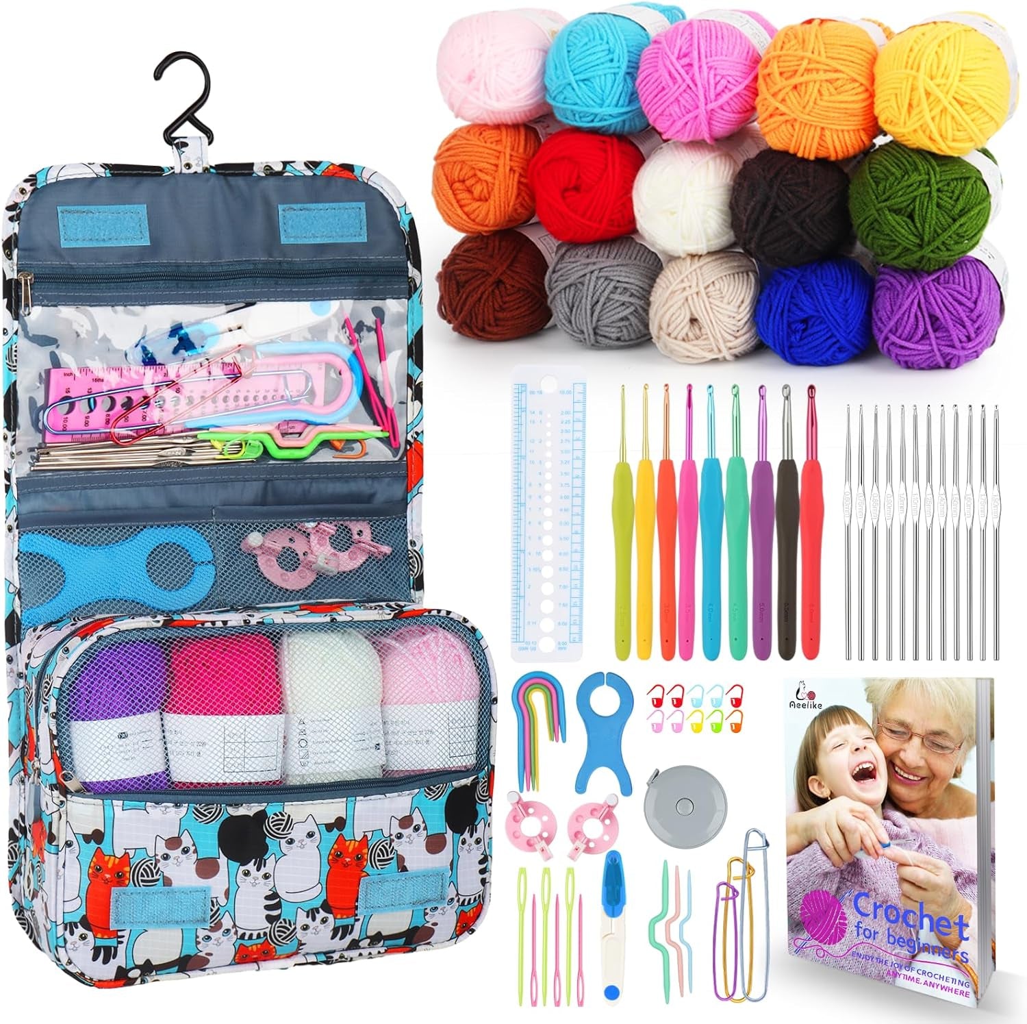 Crochet Kit for Beginners with 15 Colors Yarn and 71-Piece Accessories