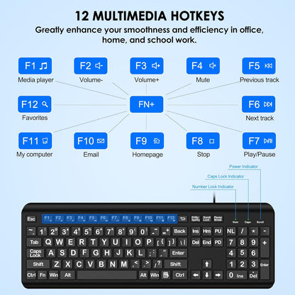 Large Print Wired Keyboard – 4X Oversized Letters for Visually Impaired, Seniors & Beginners