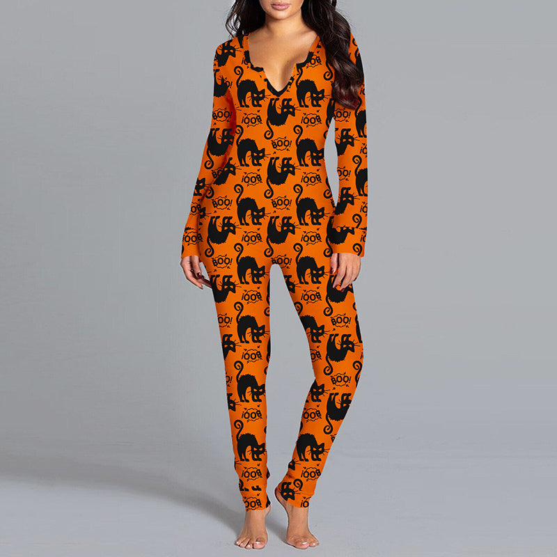 Casual Halloween Pajamas: Long Sleeve Printed Jumpsuit