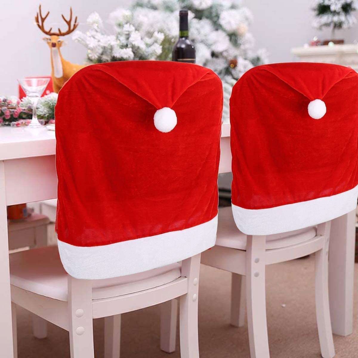 4Pcs 4Pc Red Hat Dining Chair Slipcovers,Christmas Chair Back Covers Kitchen Chair Covers for Christmas