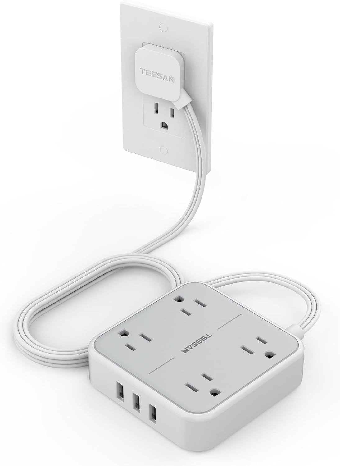 Flat Cord 5 Ft Extension Cord Flat Plug with 4 Outlets and 3 USB Charge