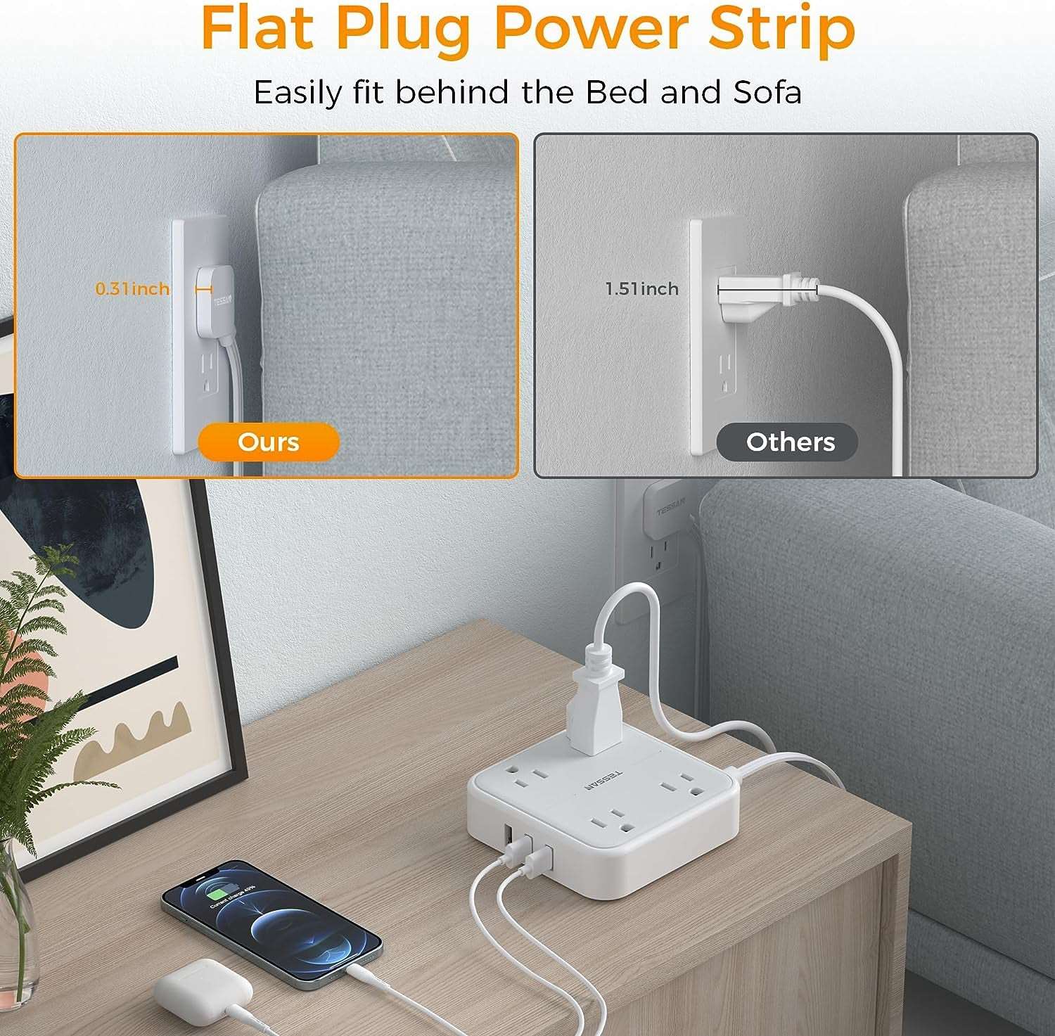 Flat Cord 5 Ft Extension Cord Flat Plug with 4 Outlets and 3 USB Charge