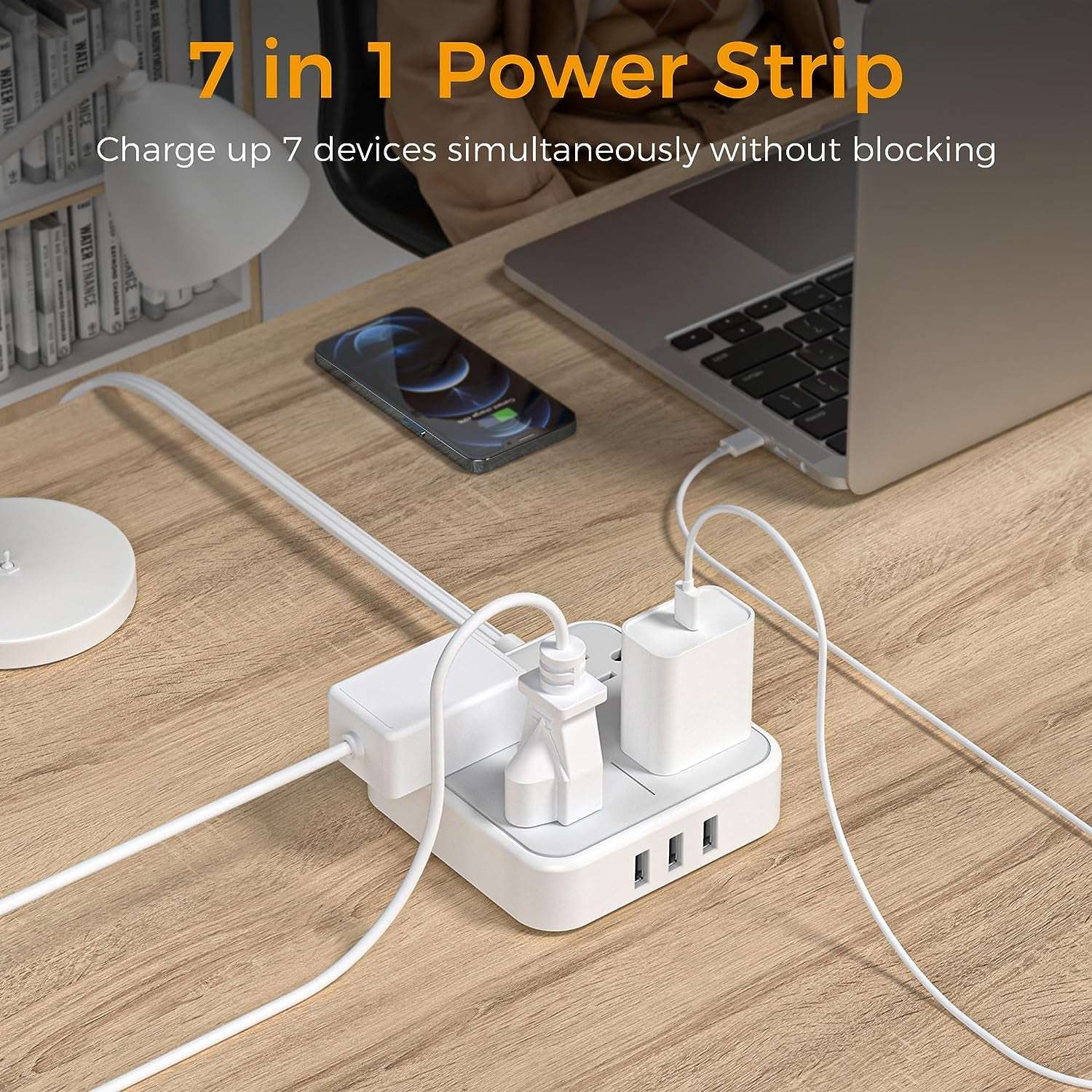 Flat Cord 5 Ft Extension Cord Flat Plug with 4 Outlets and 3 USB Charge