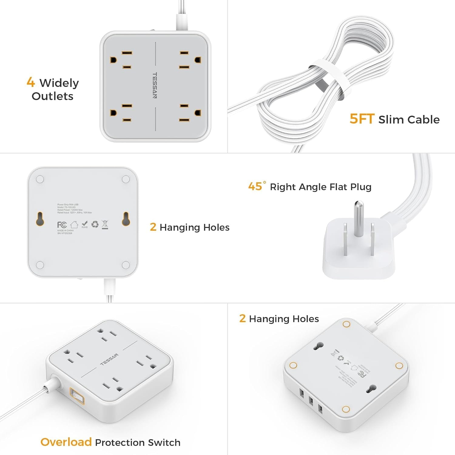 Flat Cord 5 Ft Extension Cord Flat Plug with 4 Outlets and 3 USB Charge