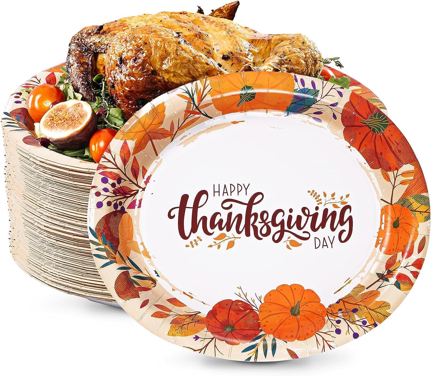 Tableware 50 Count Thanksgiving Oval Paper Plates, 10" X 12.5" Autumn Fall Harvest Party Supply Thanksgiving Decor