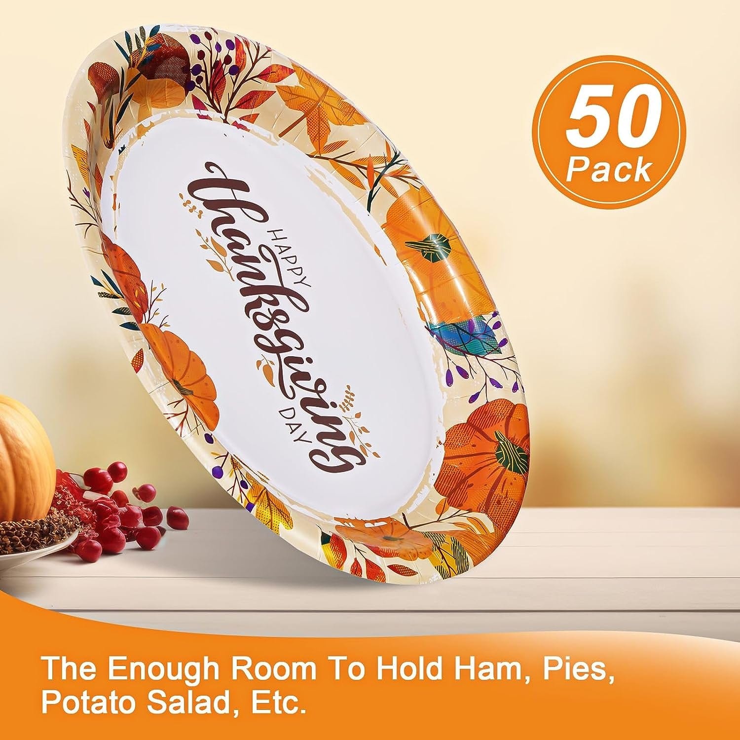 Tableware 50 Count Thanksgiving Oval Paper Plates, 10" X 12.5" Autumn Fall Harvest Party Supply Thanksgiving Decor