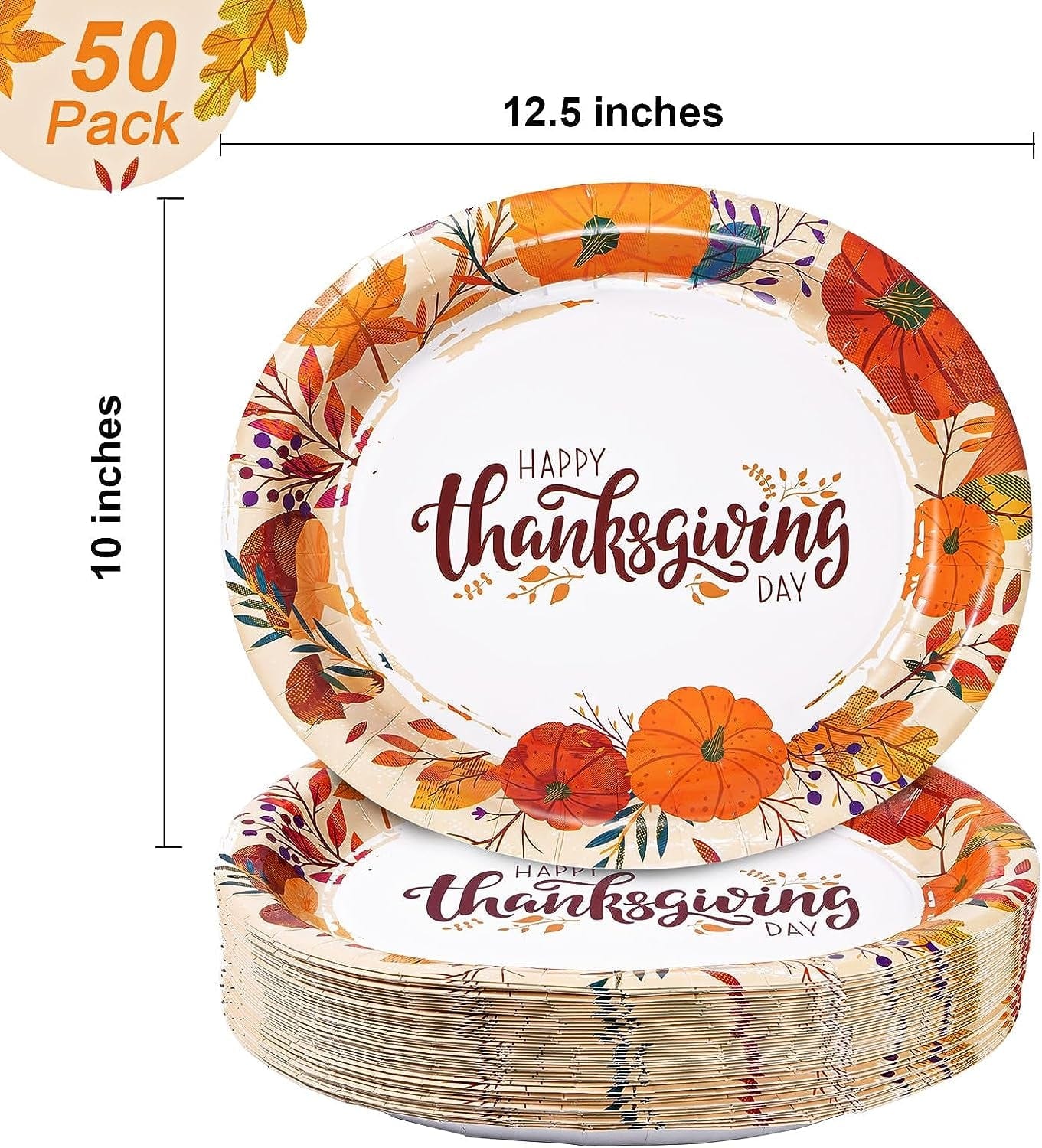 Tableware 50 Count Thanksgiving Oval Paper Plates, 10" X 12.5" Autumn Fall Harvest Party Supply Thanksgiving Decor