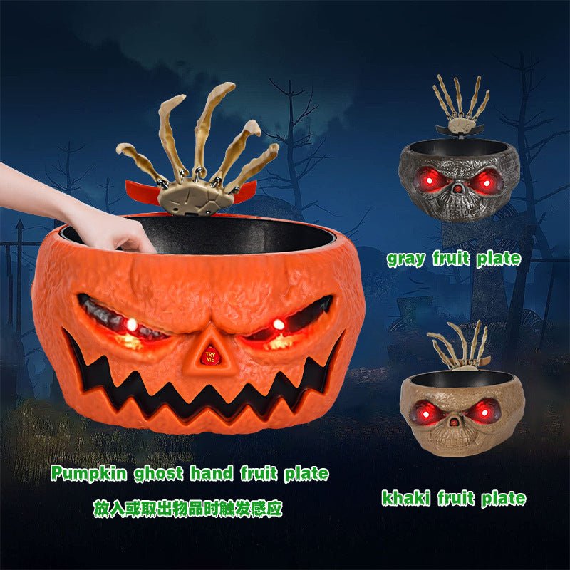 Halloween Motion-Activated Pumpkin Candy Bowl with Hand - Battery Operated Trick-or-Treat Serving Dish