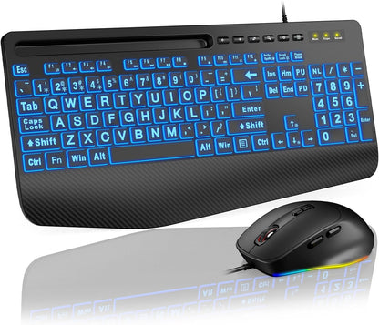 Wired Keyboard Mouse Combo – Large Print Backlit with Ergonomic Wrist Rest & 6-DPI RGB Mouse