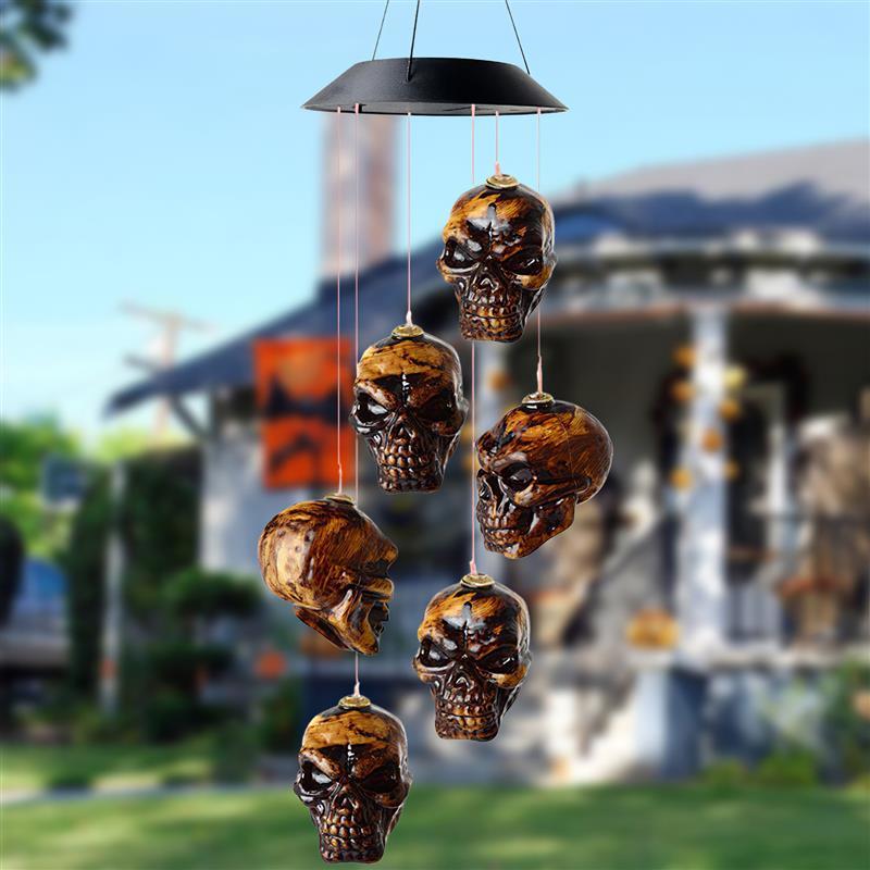 Solar-Powered Halloween Skull Wind Chimes - LED Garden Decoration, Outdoor Ornament