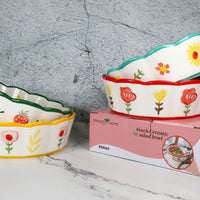 6 Inch Hand Painted Flower Pattern Ceramic Bowl Wavy Edge