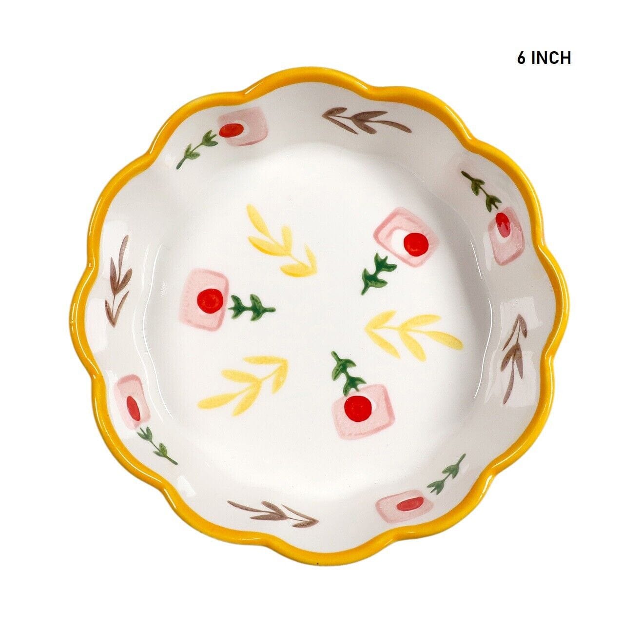 Yellow 6 Inch Hand Painted Flower Pattern Ceramic Bowl Wavy Edge