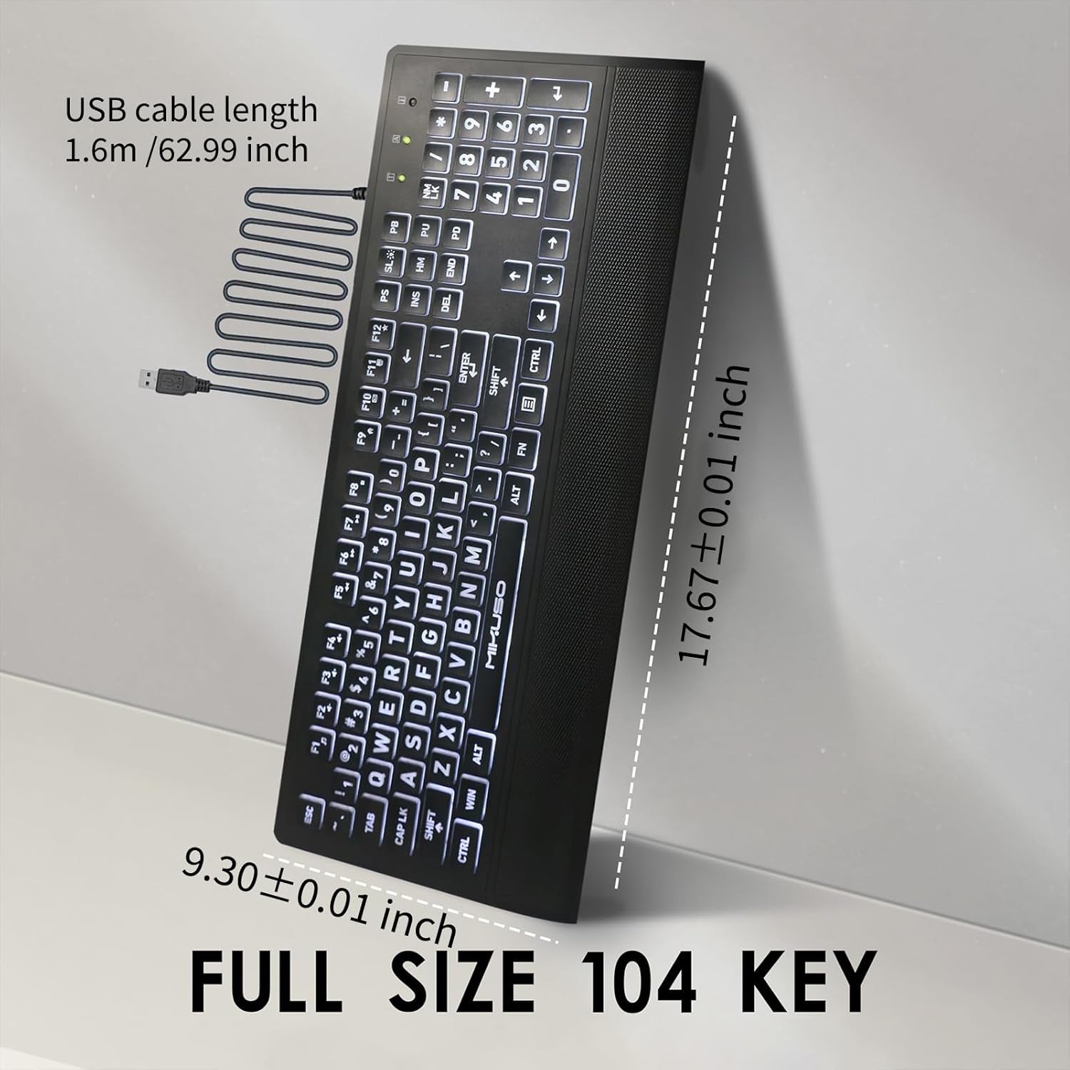Large Print Keyboard for Seniors,Visually Impaired-High Contrast Black Keys,White Backlit with Cover,Wired USB 104 Full Size-Easy to Read Big Letters for Macular Degeneration Low Vision (No Glare)