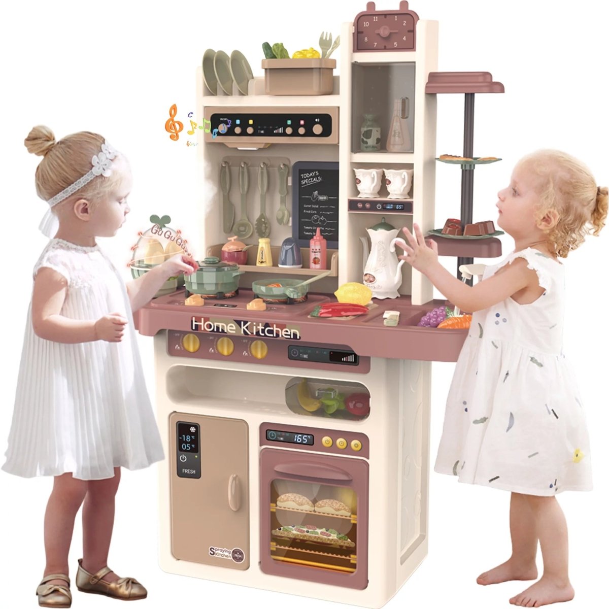 65-Piece Kids Play Kitchen Set with Real Sounds, Lights, Steam Stove, Sink & Pretend Food - 37” Tall Toddler Kitchen Toy Gift