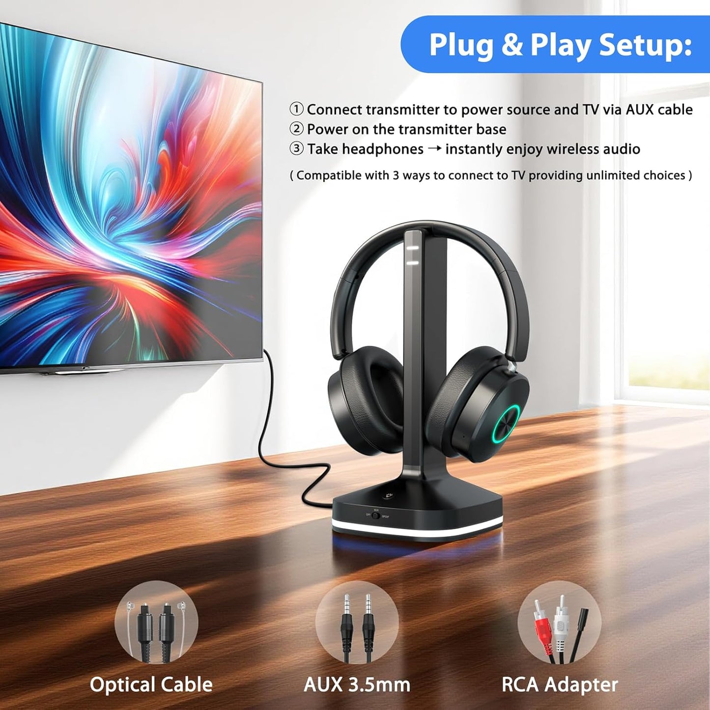 Wireless TV Headphones for Seniors with Charging Base & Bluetooth 5.4