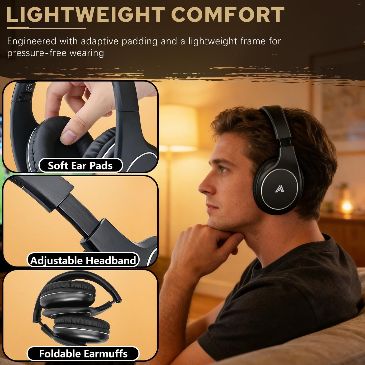Wireless TV Headphones for Seniors & Hearing Impaired, No Audio Delay Over-Ear Headset with 100ft Range