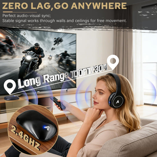 Wireless TV Headphones for Seniors & Hearing Impaired, No Audio Delay Over-Ear Headset with 100ft Range