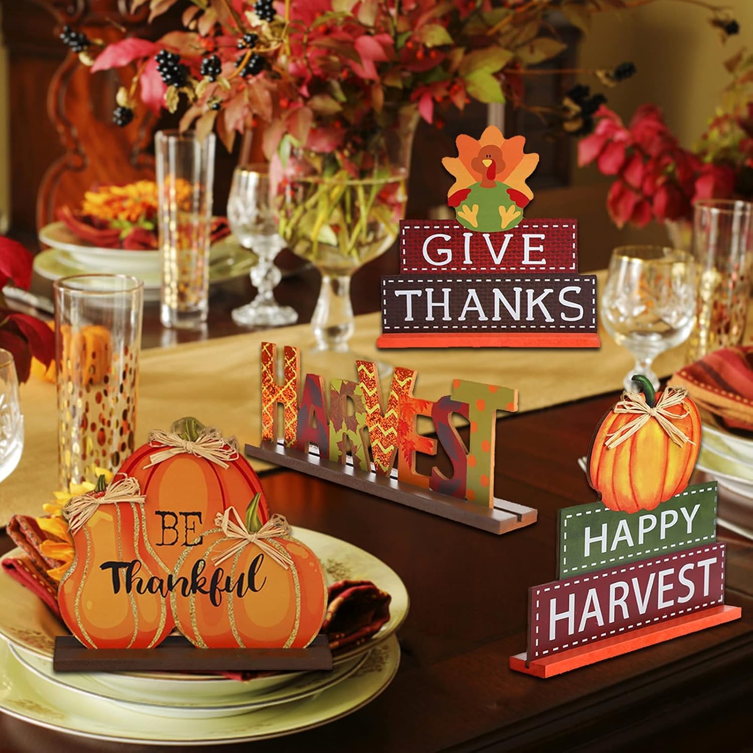  4-Pack Thanksgiving Themed Wood Pumpkin Table Centerpiece Signs – Harvest Autumn Glitter Decor for Home & Office