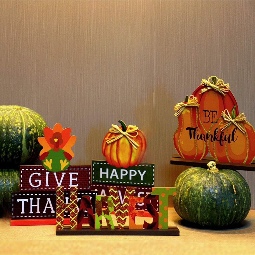  4-Pack Thanksgiving Themed Wood Pumpkin Table Centerpiece Signs – Harvest Autumn Glitter Decor for Home & Office