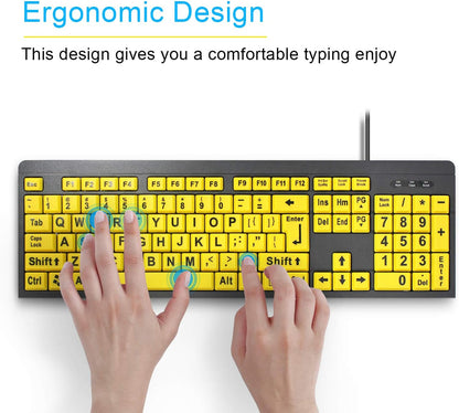 Large Print Keyboard for Seniors with High Contrast Yellow Keys, Wired USB, Low Vision