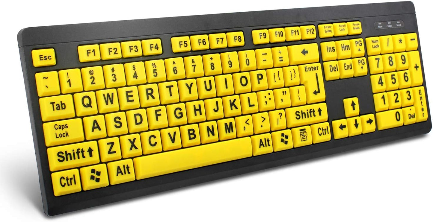 Large Print Keyboard for Seniors with High Contrast Yellow Keys, Wired USB, Low Vision
