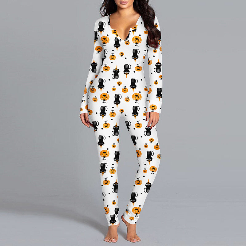 Casual Halloween Pajamas: Long Sleeve Printed Jumpsuit