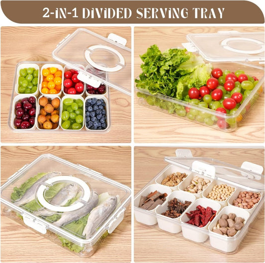 Divided Serving Tray with Lid and Handle, Snackle Box Charcuterie Container Portable for Snack Platters Reusable Clear Organizer 8 Compartments for Candy, Fruits, Nuts Perfect for Party Entertaining
