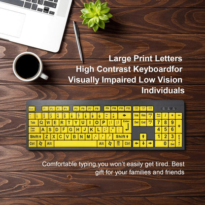 Large Print Keyboard for Seniors with High Contrast Yellow Keys, Wired USB, Low Vision