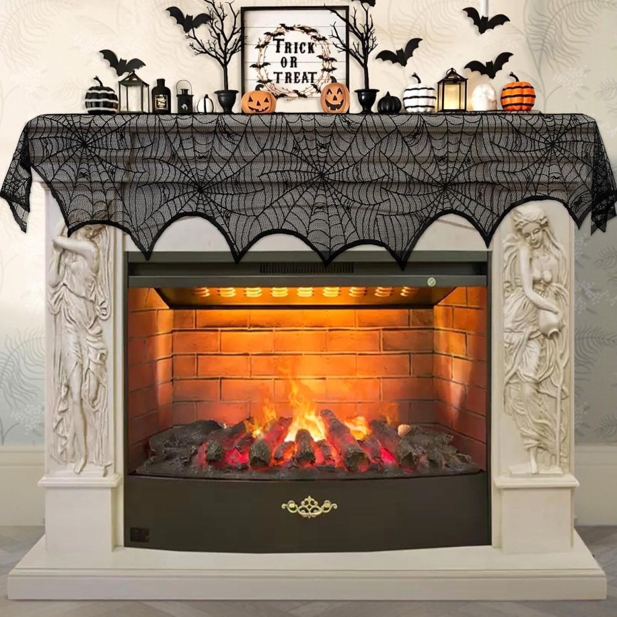 Festive Halloween Mantel Decoration: 45x243cm Black Scarf