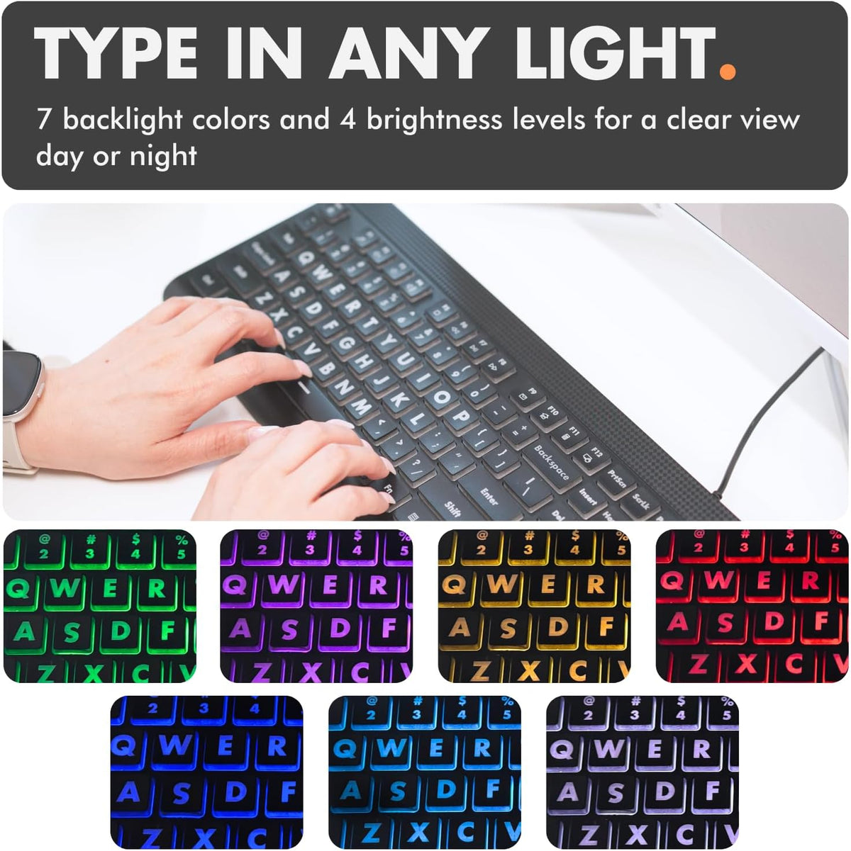 Large Print Backlit Keyboard – 7-Color LED, USB Wired, Full Size 107-Key for Seniors & Low Vision