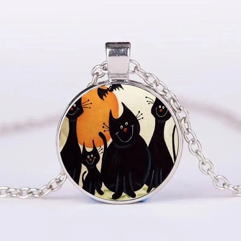 Unique Halloween Jewelry: Round Pendant Necklace with Pumpkin, Ghost, and Bat