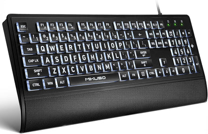 Large Print Keyboard for Seniors,Visually Impaired-High Contrast Black Keys,White Backlit with Cover,Wired USB 104 Full Size-Easy to Read Big Letters for Macular Degeneration Low Vision (No Glare)