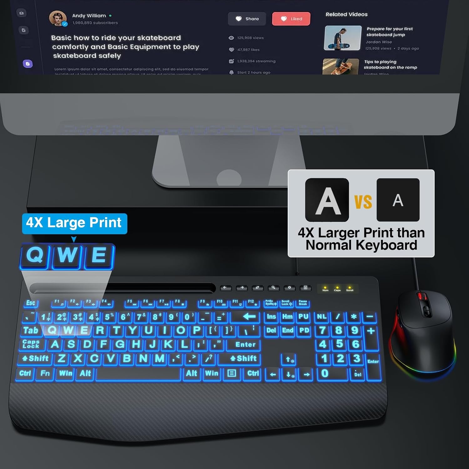 Wired Keyboard Mouse Combo – Large Print Backlit with Ergonomic Wrist Rest & 6-DPI RGB Mouse