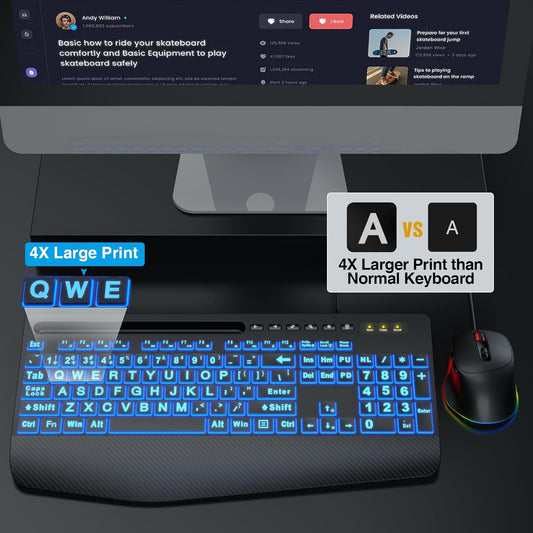 Wired Keyboard Mouse Combo – Large Print Backlit with Ergonomic Wrist Rest & 6-DPI RGB Mouse