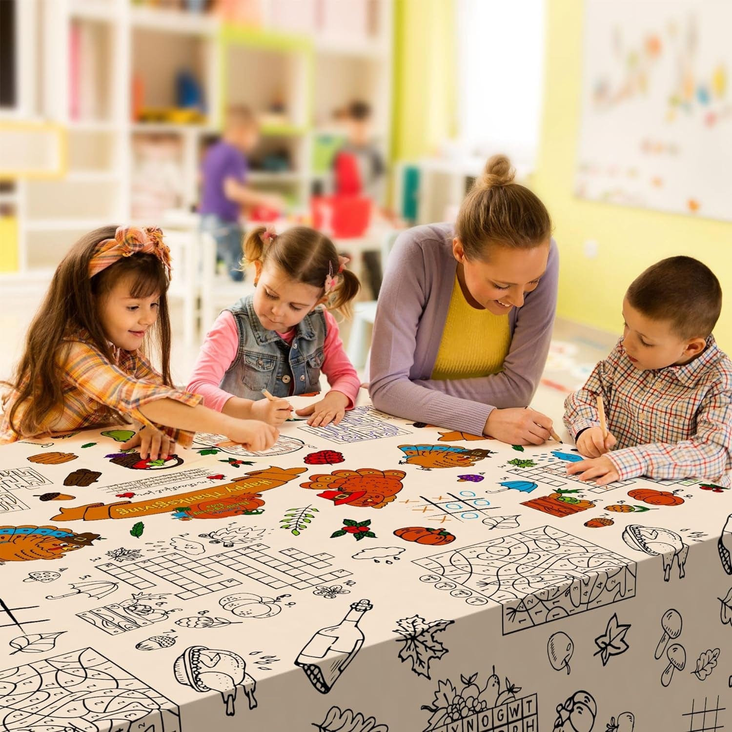 88" X 54" Thanksgiving Coloring Tablecloth for Kids Thanksgiving Tablecloth Disposable Rectangle Thanksgiving Paper Tablecloth, Giant Coloring Poster, Thanksgiving Party Favors for Kids