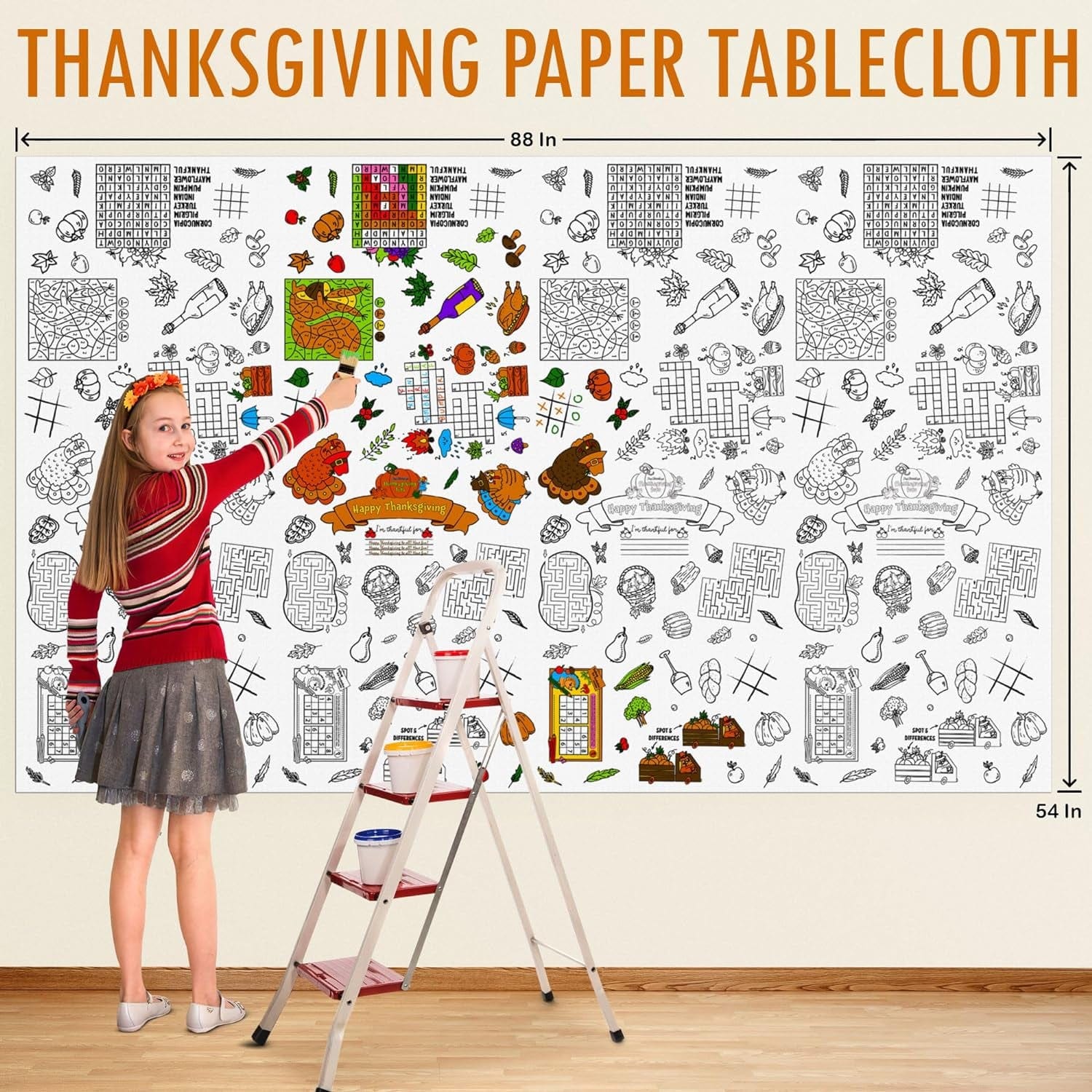 88" X 54" Thanksgiving Coloring Tablecloth for Kids Thanksgiving Tablecloth Disposable Rectangle Thanksgiving Paper Tablecloth, Giant Coloring Poster, Thanksgiving Party Favors for Kids