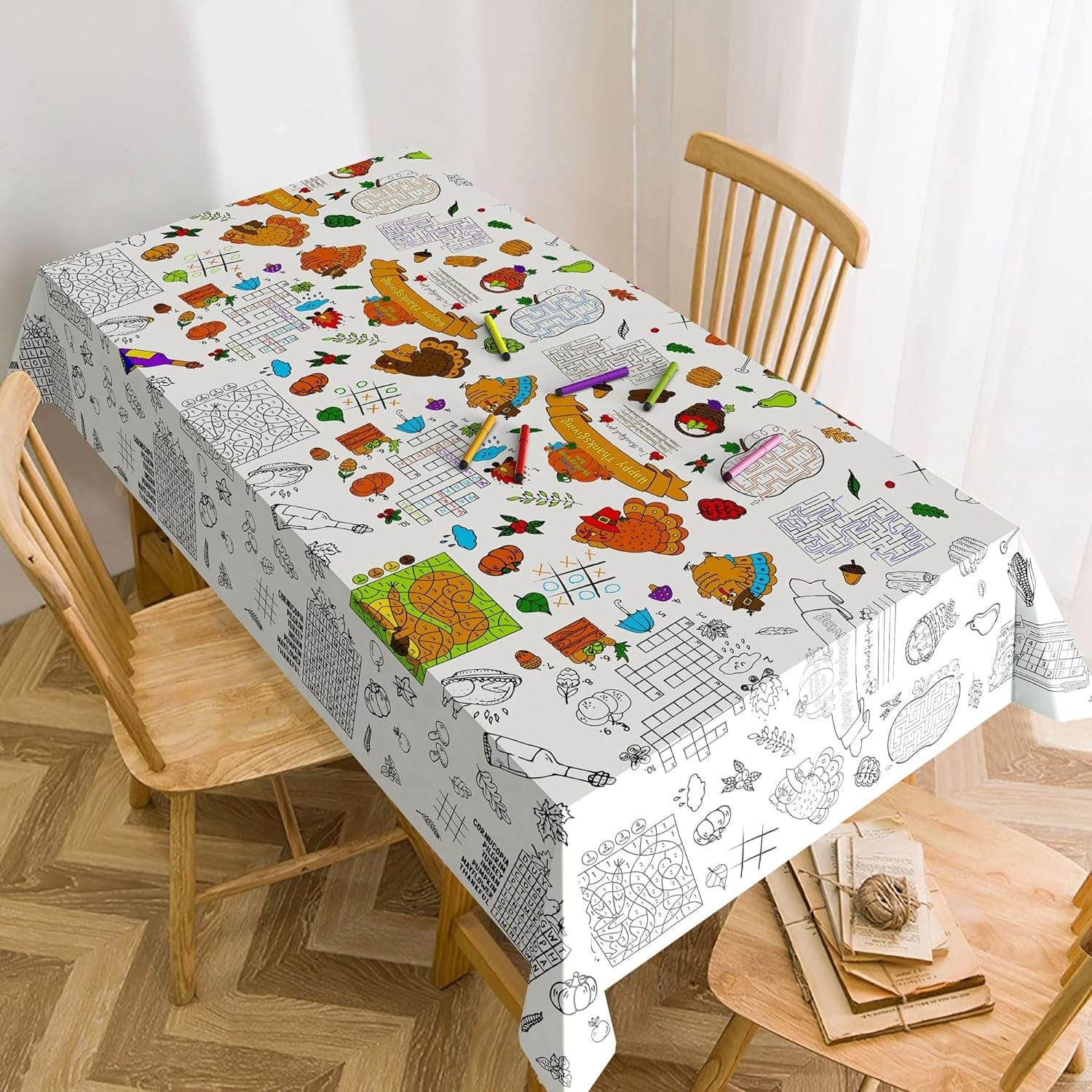 88" X 54" Thanksgiving Coloring Tablecloth for Kids Thanksgiving Tablecloth Disposable Rectangle Thanksgiving Paper Tablecloth, Giant Coloring Poster, Thanksgiving Party Favors for Kids