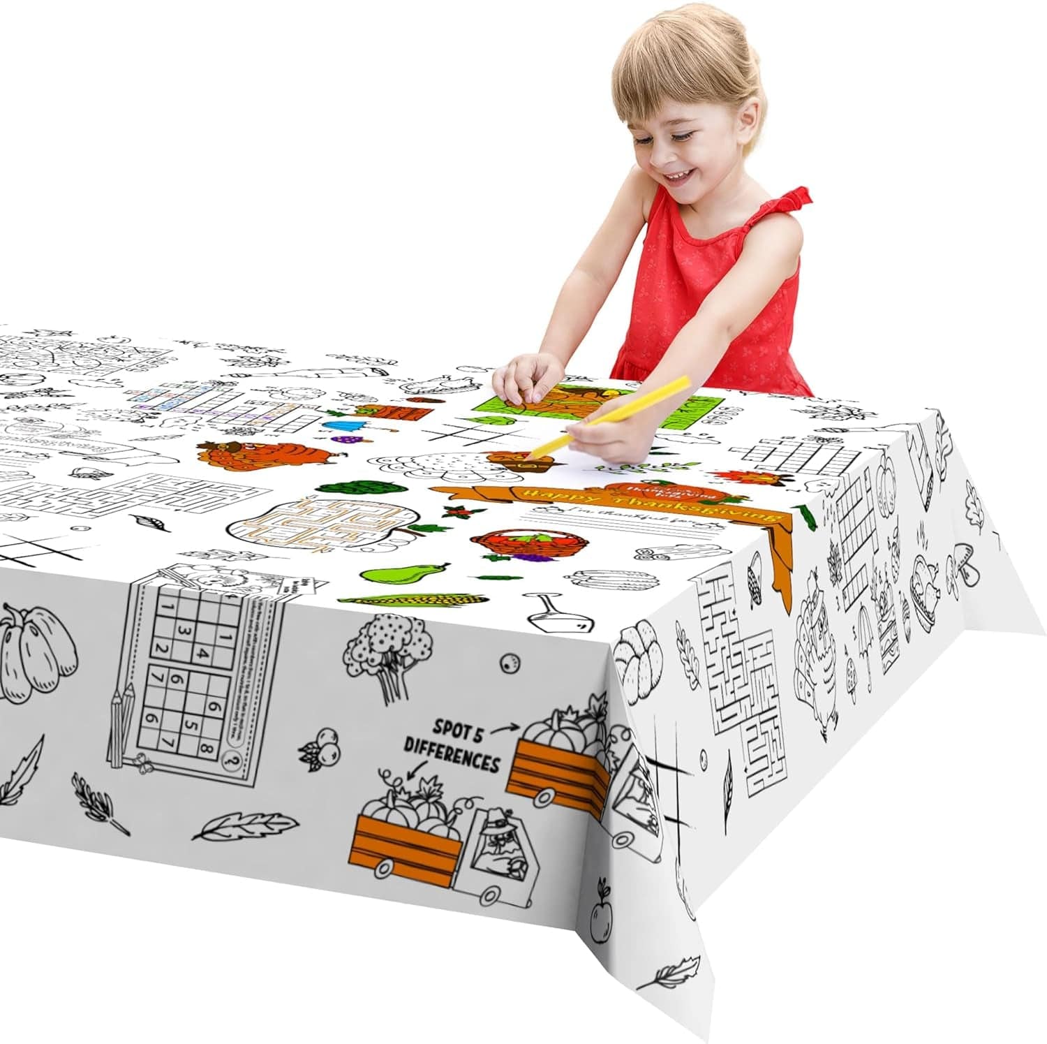 88" X 54" Thanksgiving Coloring Tablecloth for Kids Thanksgiving Tablecloth Disposable Rectangle Thanksgiving Paper Tablecloth, Giant Coloring Poster, Thanksgiving Party Favors for Kids