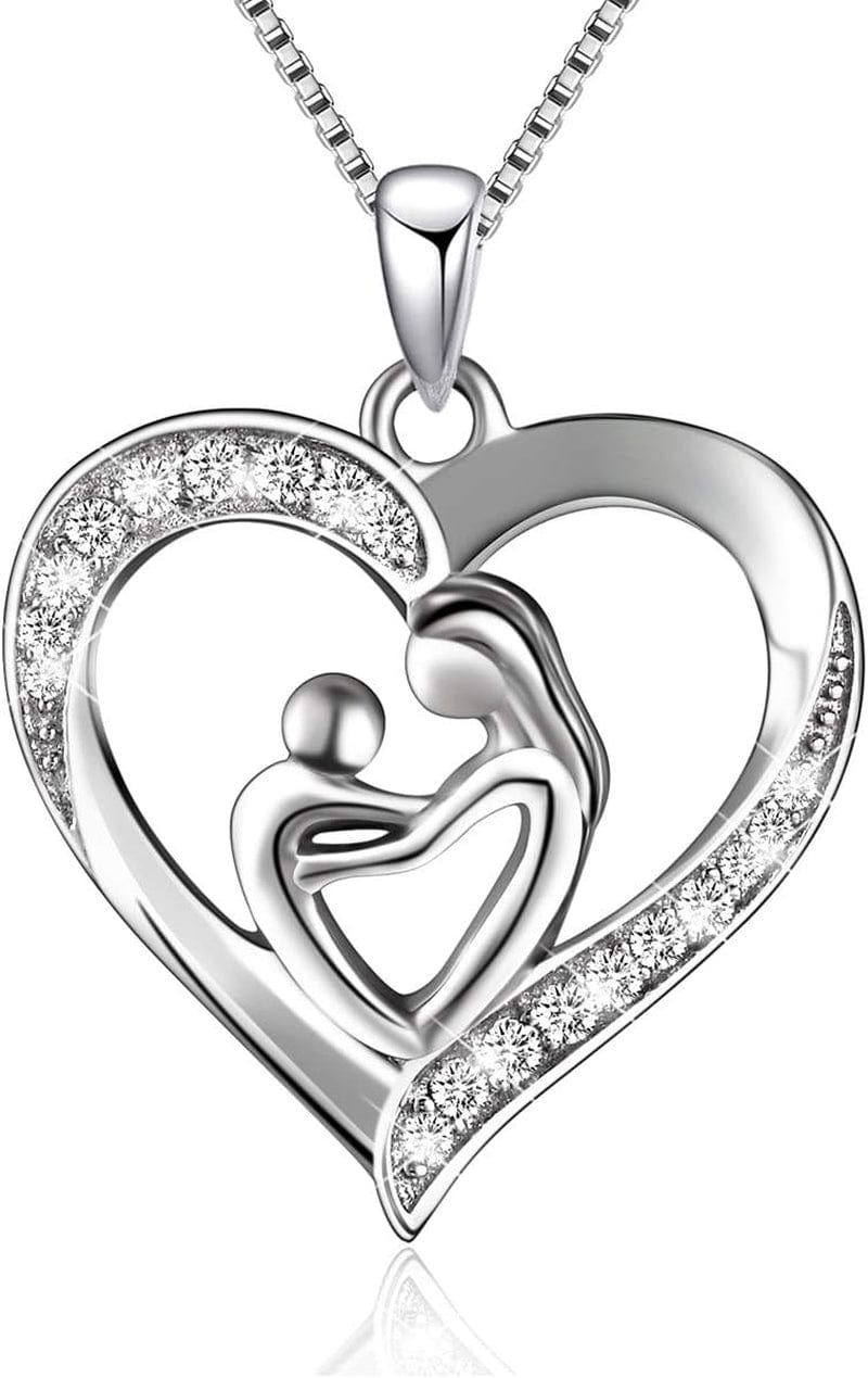 925 Sterling Silver Mother-Child Love Heart Pendant - Elegant Necklace for Mother's Day