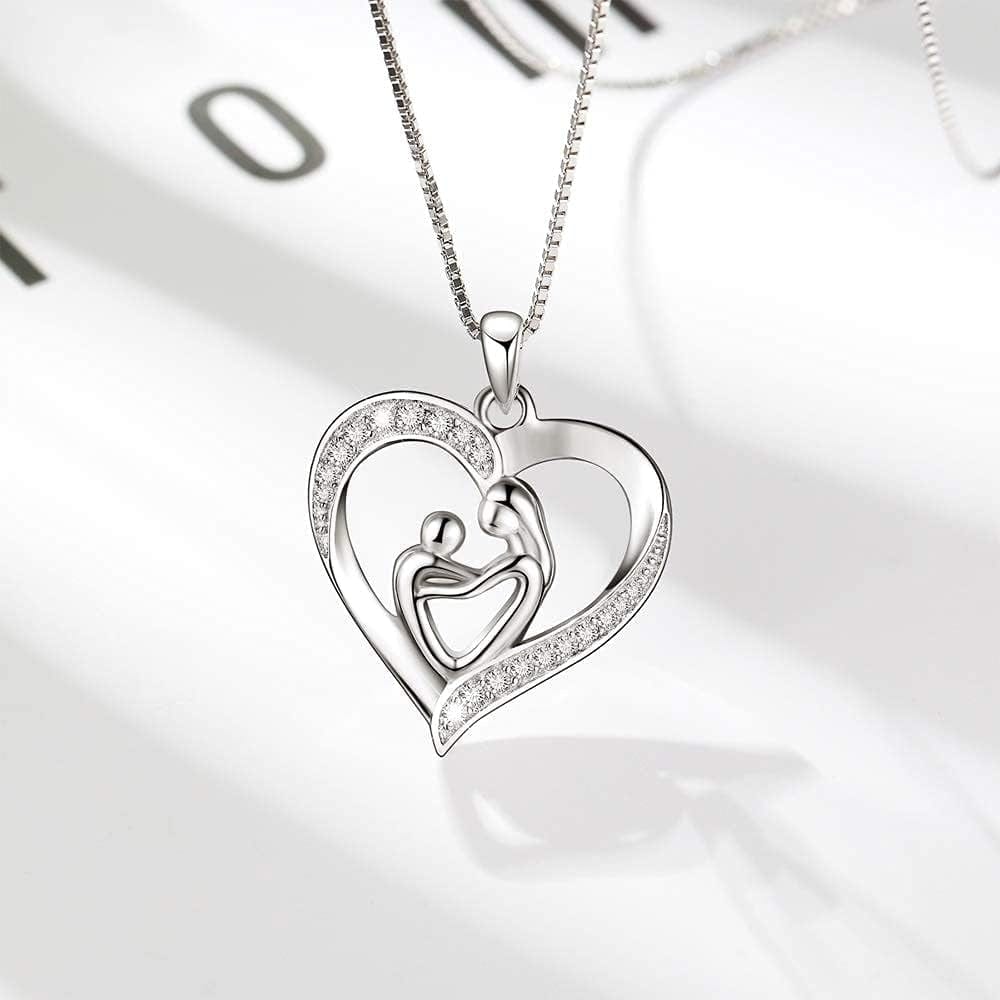 925 Sterling Silver Mother-Child Love Heart Pendant - Elegant Necklace for Mother's Day