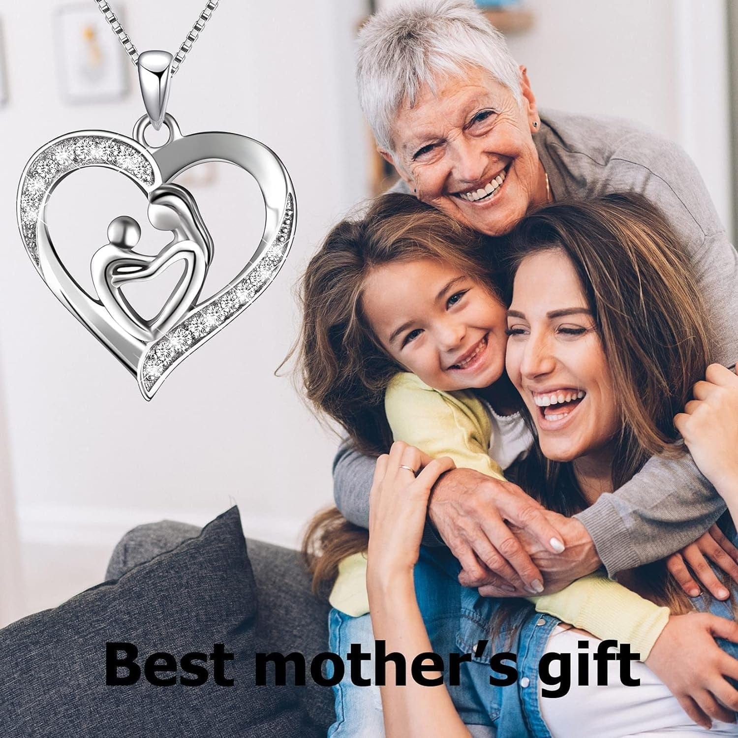 925 Sterling Silver Mother-Child Love Heart Pendant - Elegant Necklace for Mother's Day